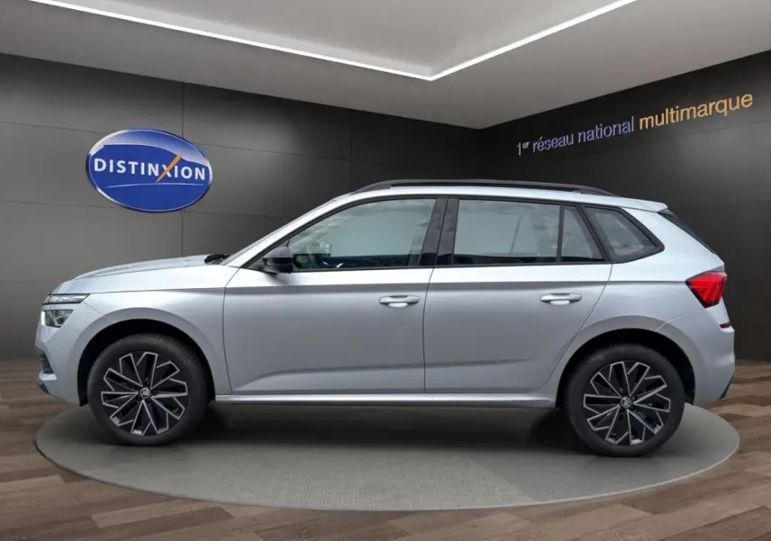 Vue de profil côté gauche d'un Skoda Kamiq gris clair 2023 avec jantes bi-ton et rétroviseurs noirs.