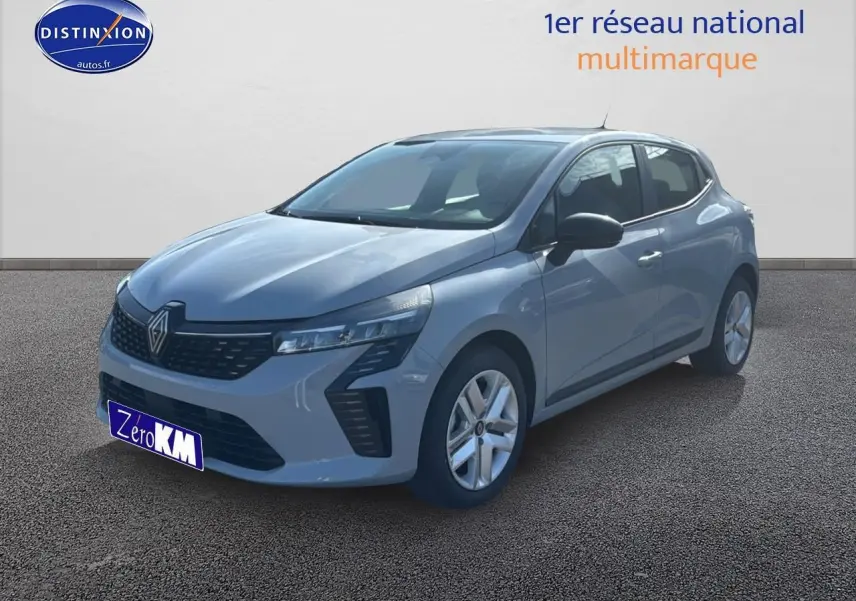 Renault Clio V gris rafale vue 3/4 avant droit, avec phares LED et jantes alliage visibles.