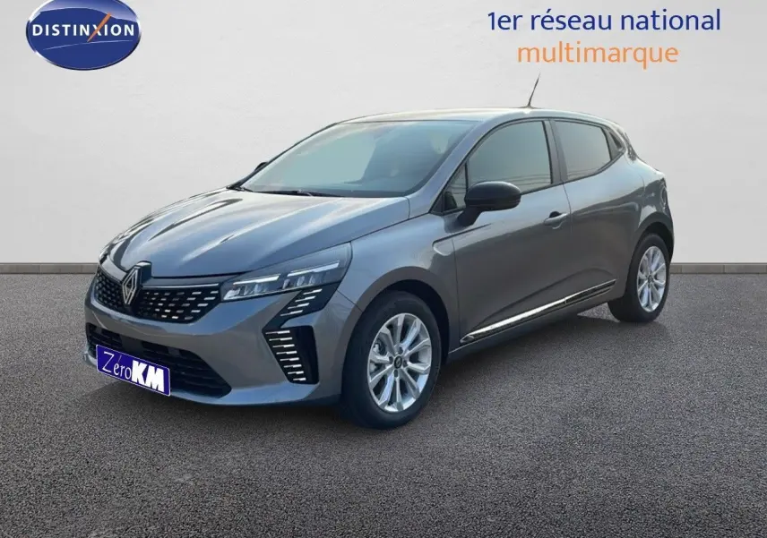 Renault Clio 2025 gris schiste métal vue 3/4 avant droit avec feux LED et jantes alliage 16 pouces.
