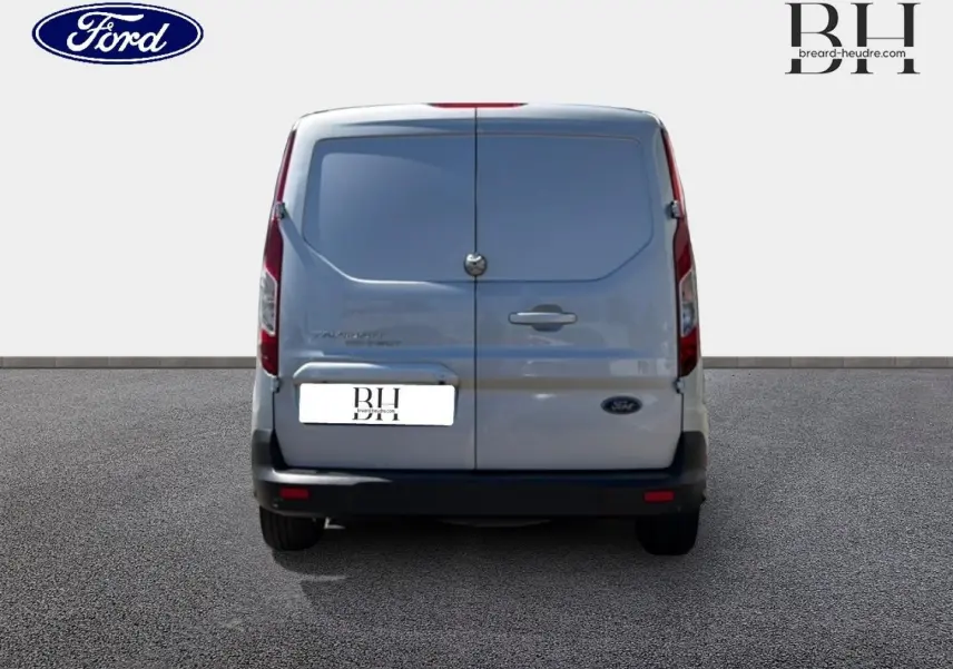 Vue arrière d'un Ford Transit Connect gris lunaire métallisé avec portes battantes et logo Ford visible.