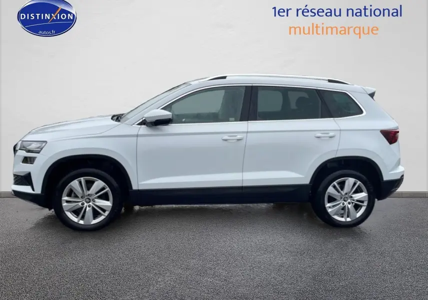 Vue de profil côté gauche d'un Skoda Karoq blanc glacial avec jantes alliage et barres de toit noires.