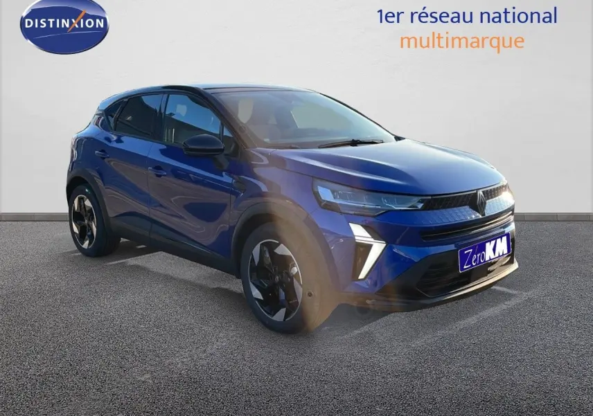 Renault Captur E-Tech hybride bleu iron métal avec toit noir, vue 3/4 avant droit sur fond neutre.