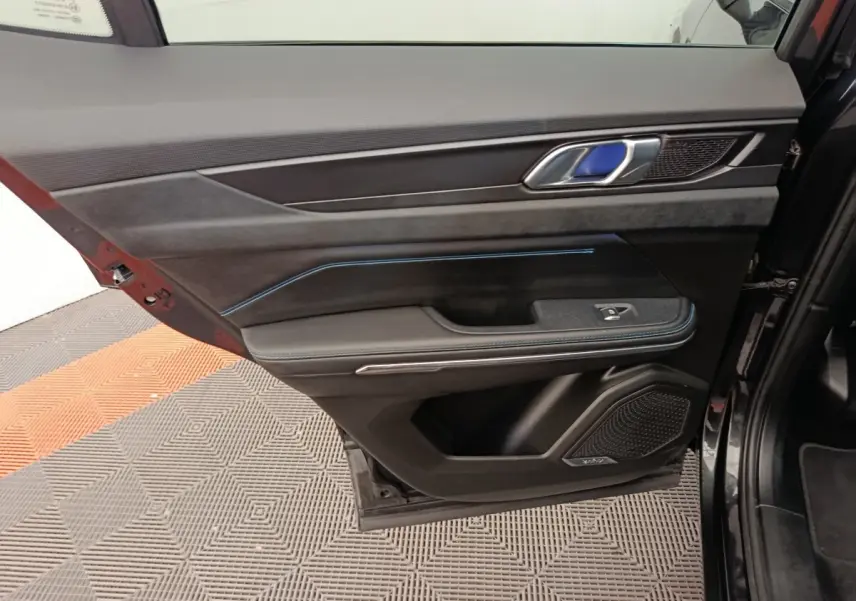 Vue intérieure de la porte arrière droite du LINK & CO 01, garniture noire avec surpiqûres bleues et haut-parleur intégré Bose.