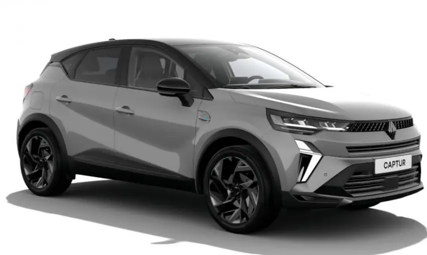 Renault Captur Full Hybrid E-Tech 160 Esprit Alpine gris Rafale avec toit noir, vue 3/4 avant droit mettant en valeur ses optiques LED.