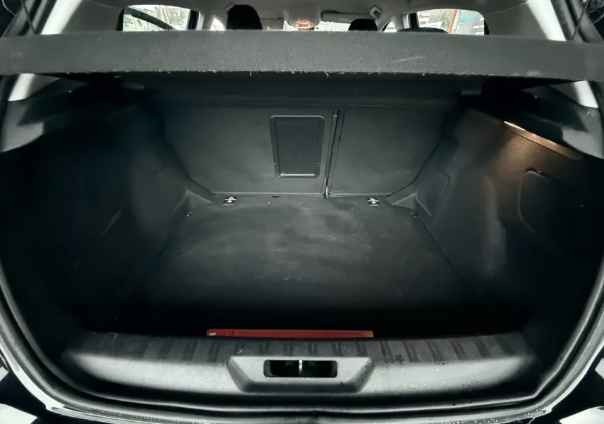 Vue intérieure du coffre noir d'une FIAT Punto 1.2 i 65 de 2009, montrant un espace de chargement vide et propre.