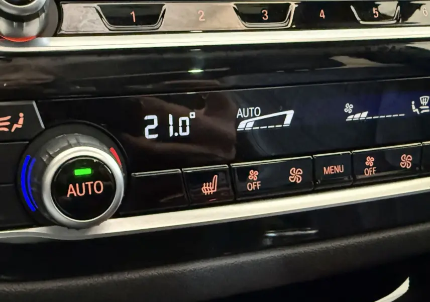 Gros plan sur la commande de climatisation digitale avec affichage à 21°C dans l’habitacle noir d’une BMW Série 5 Touring.