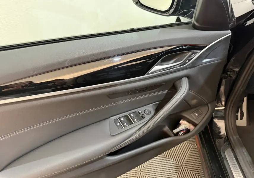 Vue intérieure côté gauche de la porte avant noire de la BMW Série 5 Touring avec commandes de vitres et poignée chromée.