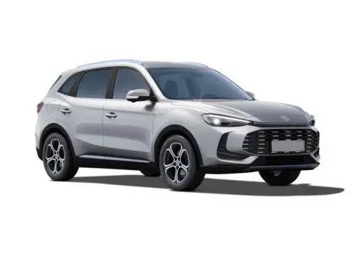 Vue 3/4 avant droite du SUV MG ZS gris clair 2026 avec calandre noire et jantes alliage distinctives.