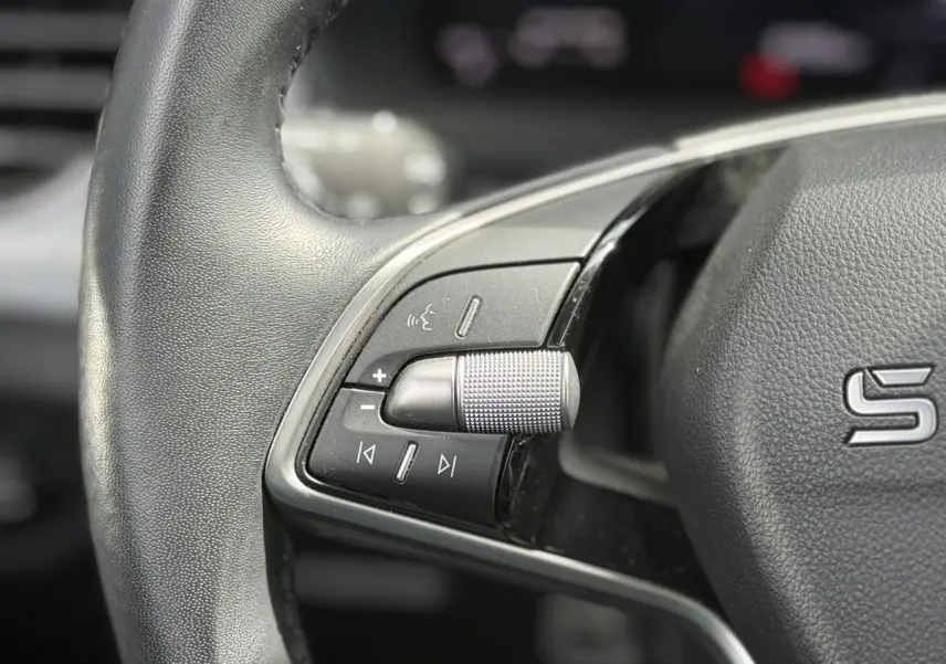 Gros plan sur les commandes gauche du volant cuir de la Skoda Scala gris graphite, boutons multifonctions et molette crantée.