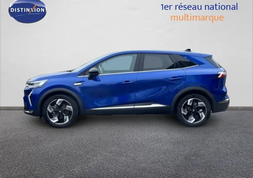 Profil gauche du Renault Symbioz 2025 bleu Iron Metal avec jantes bicolores et lignes modernes distinctives.
