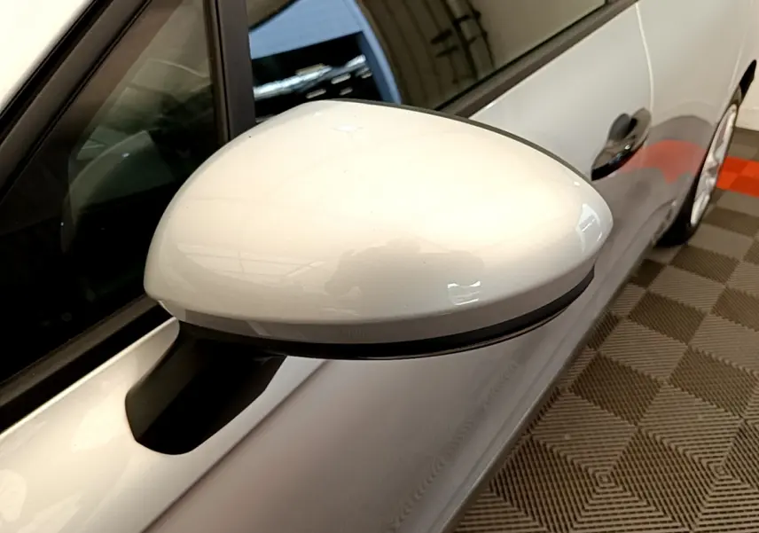 Rétroviseur côté gauche gris clair de la Renault Clio Business TCe 100 2020 avec porte et vitre partiellement visibles.