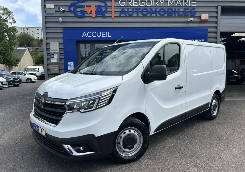 Vue 3/4 avant droit du Renault Trafic Fourgon blanc Glacier, avec calandre noire et projecteurs modernes, devant un garage.