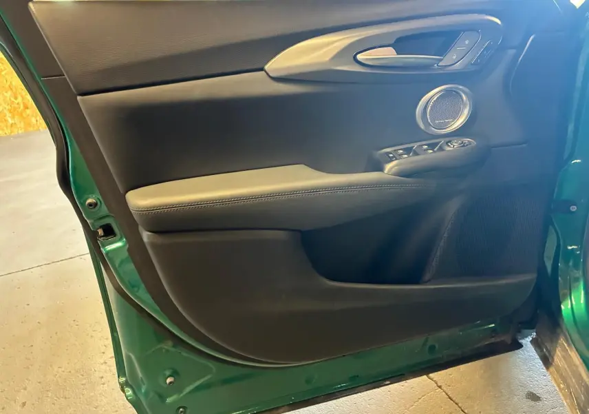 Vue intérieure de la porte avant gauche de l'Alfa Romeo Tonale vert foncé, avec commandes électriques et haut-parleur rond intégré.