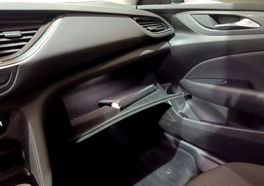 Vue intérieure côté passager de l'Opel Insignia 2019, boîte à gants ouverte et tableau de bord noir.