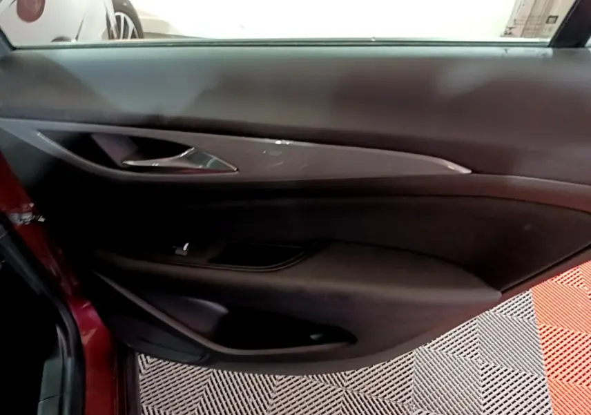 Vue intérieure côté gauche de la porte avant rouge de l’Opel Insignia 2019 avec poignée chrome et garniture noire.