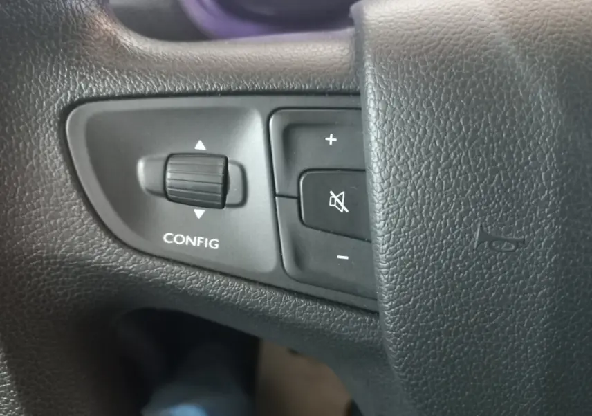 Gros plan sur les commandes du volant noir du Peugeot Traveller gris clair, boutons de configuration et volume visibles.