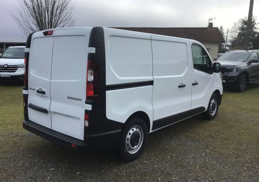 Renault Trafic Fourgon blanc vu en 3/4 arrière droit, avec portes arrière fermées et bande noire latérale.