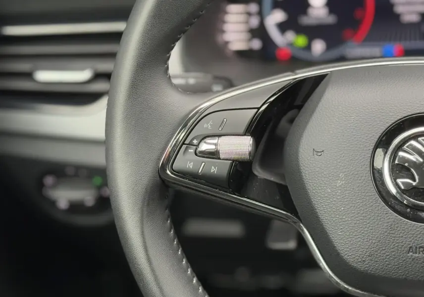 Gros plan sur les commandes gauche du volant cuir multifonctions du Skoda Scala TSI 110 DSG Ambition 2024.