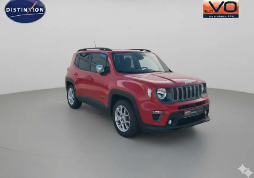 Jeep Renegade rouge vue 3/4 avant droit avec barres de toit et jantes alliage 17 pouces sur fond neutre.