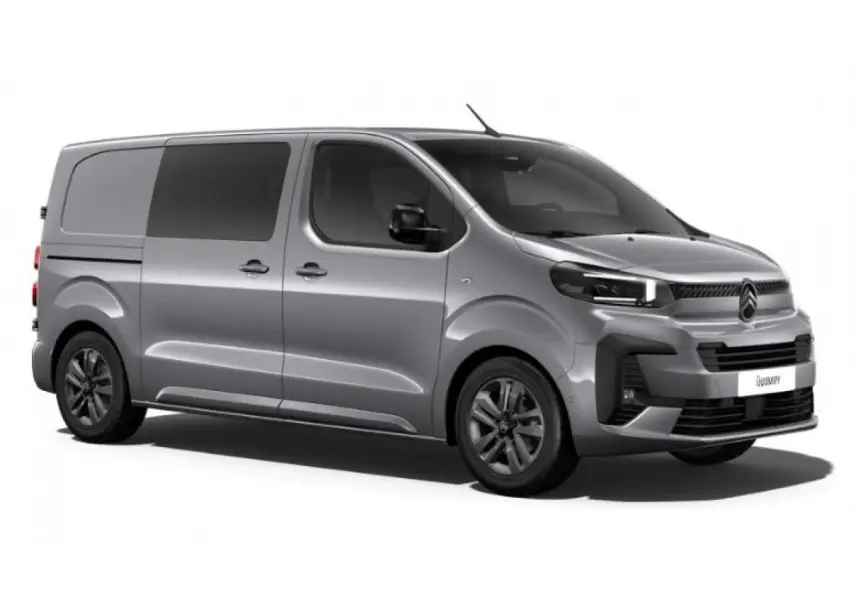 Citroën Jumpy gris en vue 3/4 avant droit avec jantes alliage 17'' et vitres latérales teintées.