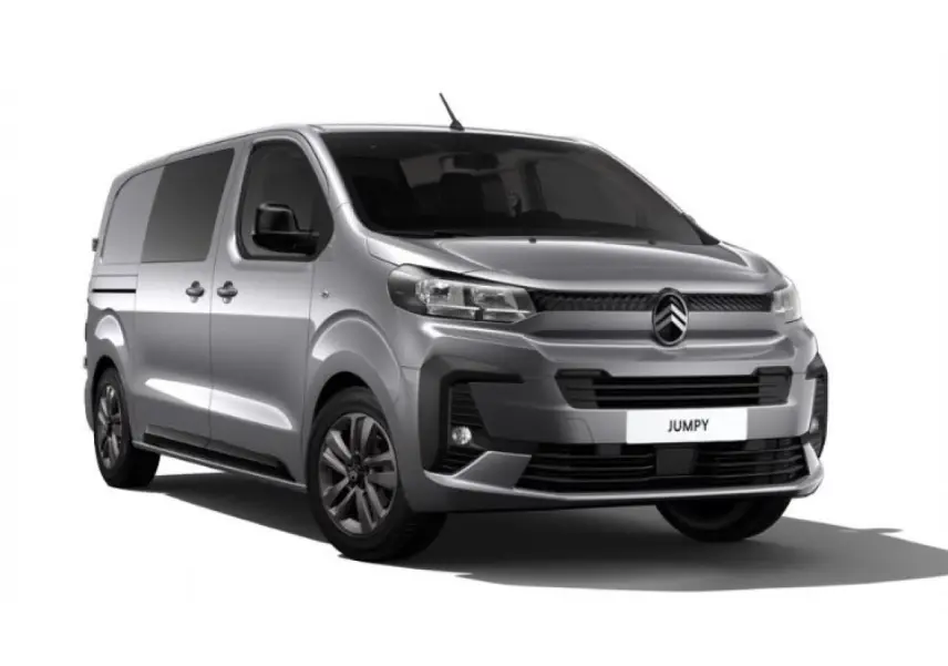 Citroën Jumpy gris en vue 3/4 avant gauche avec jantes alliage et calandre moderne noire.