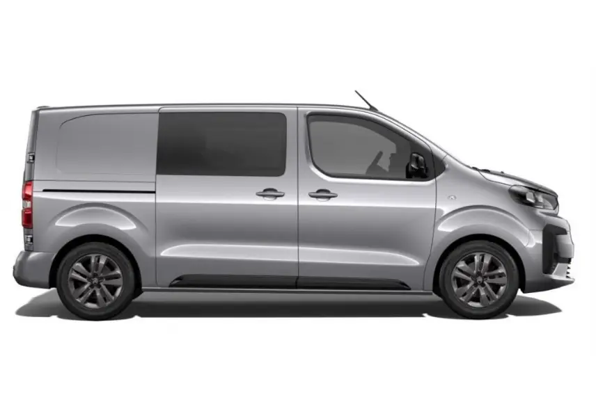 Profil droit du Citroën Jumpy gris 2026 avec jantes alliage 17'' et porte latérale coulissante.