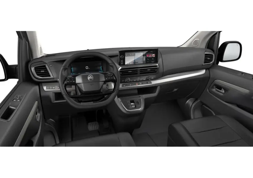Vue intérieure avant du Citroën Jumpy gris 2026, tableau de bord moderne avec écran tactile et volant multifonction.