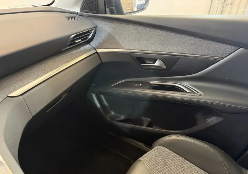Intérieur côté passager du Peugeot 3008 vert, montrant la porte et la partie basse du tableau de bord noir et gris.