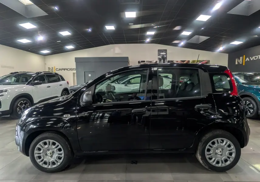 Vue de profil côté gauche d'une Fiat Panda 1.0 Hybrid City noire, en intérieur, avec jantes acier et vitres teintées.