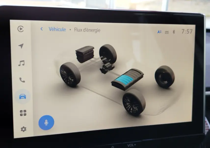 Écran intérieur montrant le flux d'énergie hybride du Toyota Corolla Cross 2025, sans vue extérieure du véhicule.