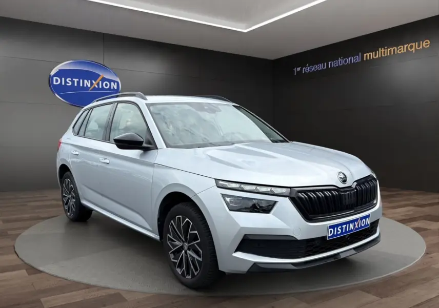 Vue latérale droite du Skoda Kamiq gris clair 2023 avec jantes bi-ton et rétroviseurs rabattables électriquement.