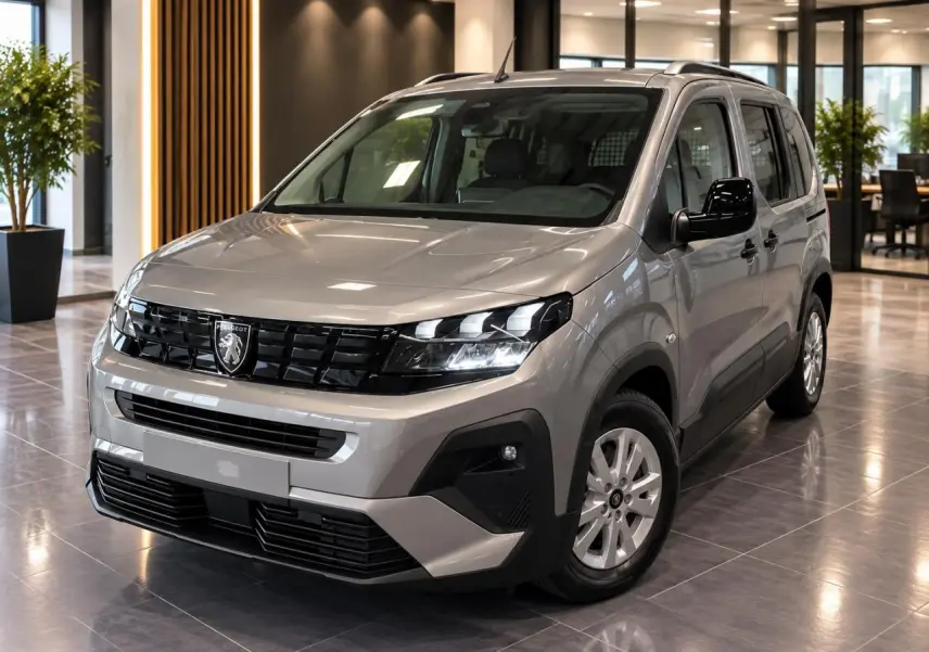 Peugeot Rifter gris Artense en 3/4 avant droit, avec calandre noire et jantes tôles 16 pouces en showroom.