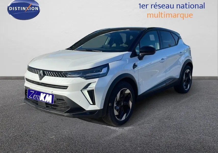 Renault Captur E-Tech hybride blanc nacré toit noir en 3/4 avant droit sur fond neutre avec jantes noires.