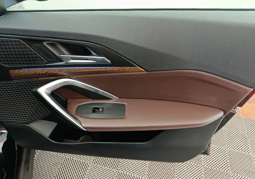 Vue rapprochée de la porte avant gauche du BMW X1 2023, garniture marron avec insert bois et poignée argentée.
