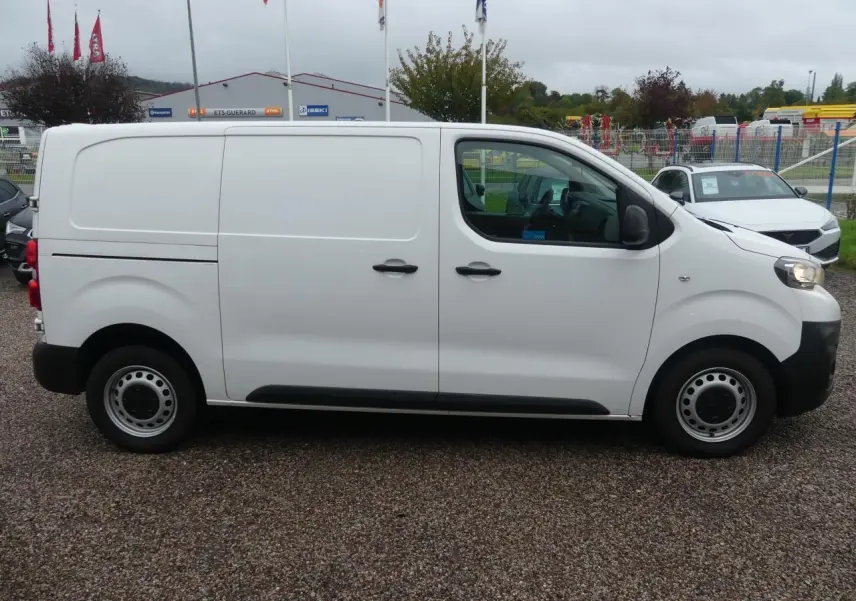 Peugeot Expert Fourgon blanc vu de profil côté gauche, avec portes latérales et roues tôle noires.