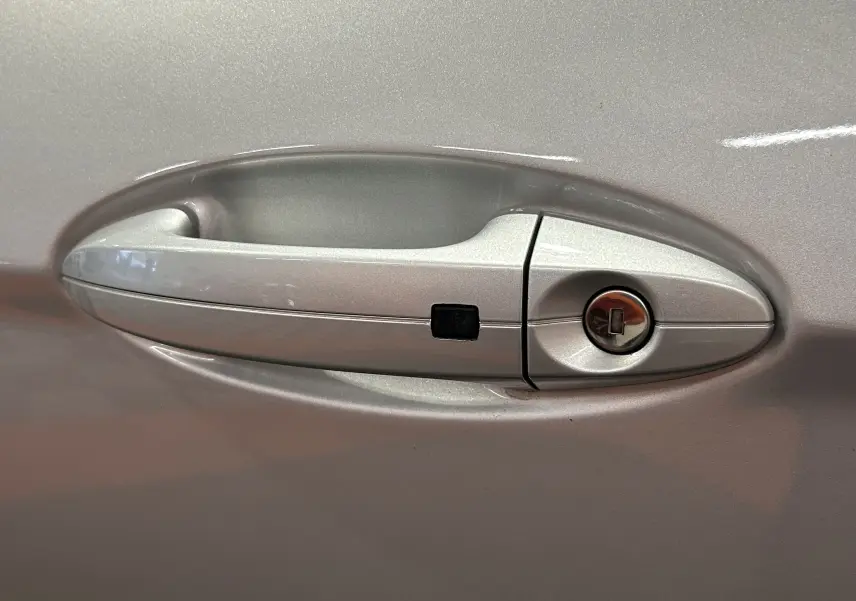 Poignée de porte côté gauche gris métallisé d'un Ford EcoSport 2018 avec serrure et bouton de déverrouillage.