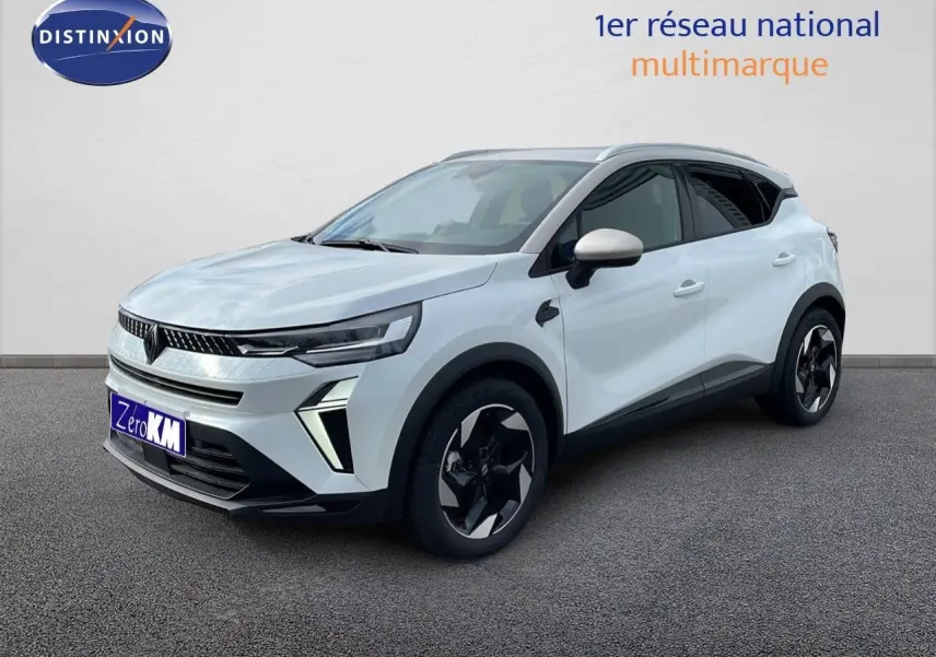 Renault Captur E-Tech hybride blanc nacré avec toit beige, vu de 3/4 avant droit sur fond neutre.