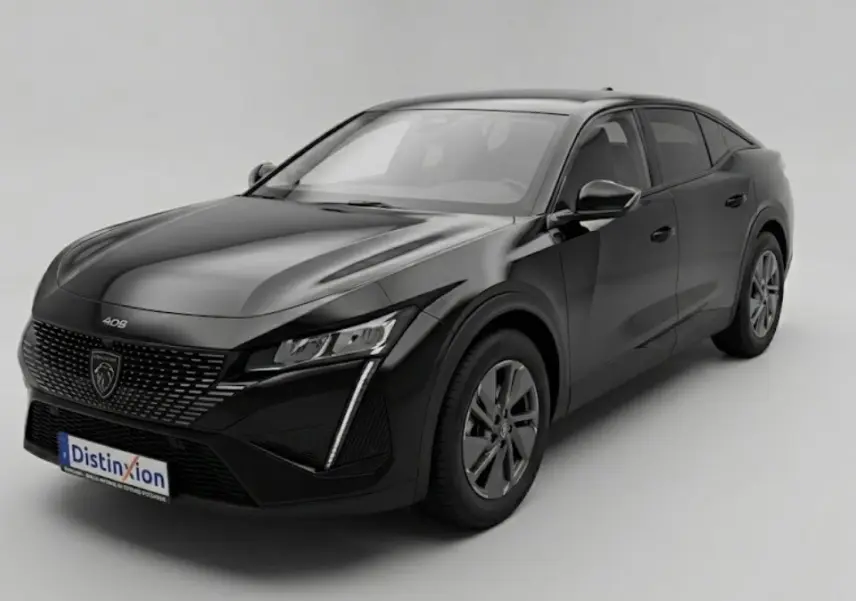 Peugeot 408 Hybrid noir vue 3/4 avant droit, avec calandre distinctive et jantes alliage 17 pouces.