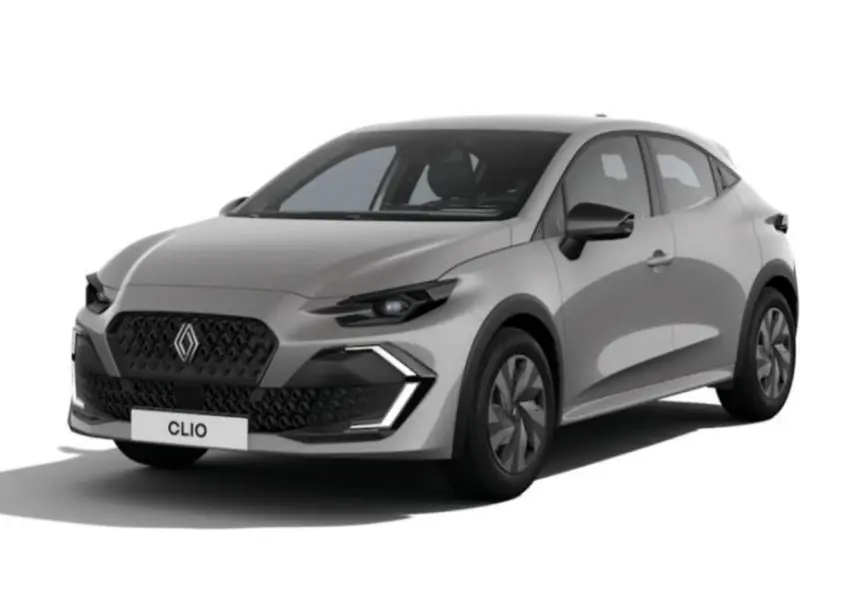 Renault Clio VI gris Rafale en vue 3/4 avant droit, avec calandre noire et feux LED distinctifs allumés.