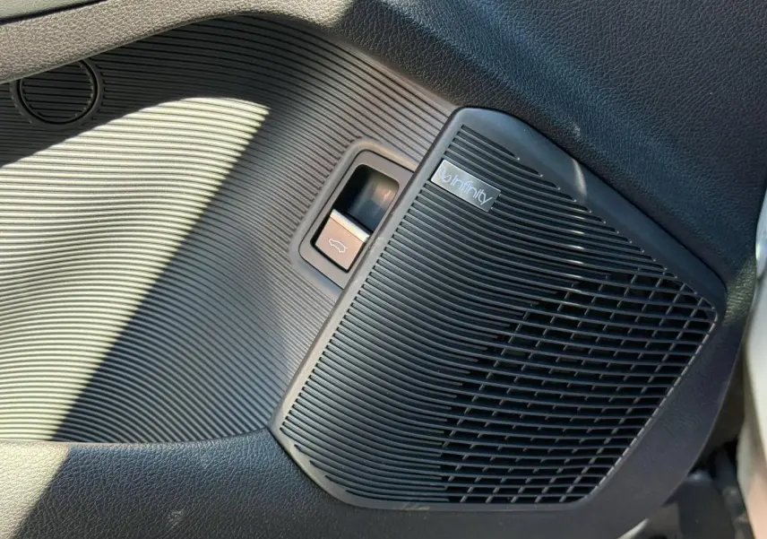 Gros plan sur le haut-parleur Infinity noir intégré dans la porte intérieure côté gauche du BYD SEAL U 1.5 DM-i 218ch Boost.