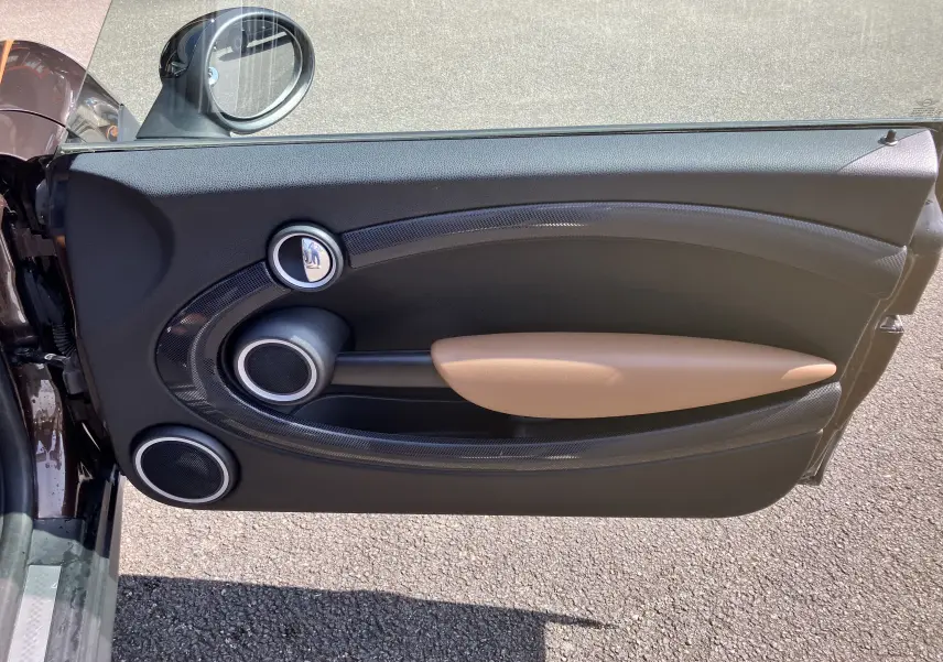 Porte intérieure côté gauche d'une MINI Cooper S R56 marron 2012, avec accoudoir beige et finitions noires.