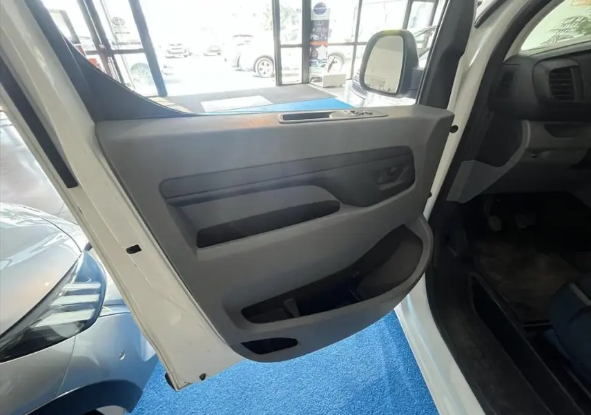 Vue intérieure de la porte avant gauche du Peugeot Expert Fourgon blanc, montrant les rangements et la poignée.