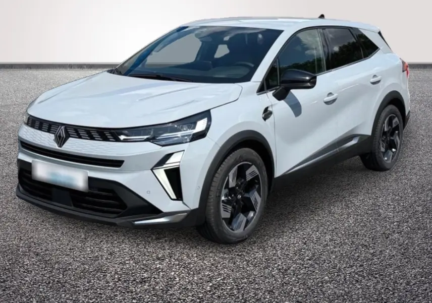 Renault Symbioz gris clair en 3/4 avant droit, avec calandre noire et jantes au design moderne.
