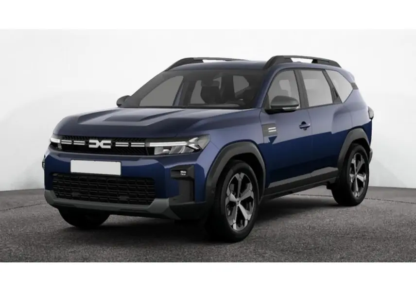 Vue 3/4 avant du Dacia Bigster 2026 bleu indigo avec roues alliage et toit noir contrasté.