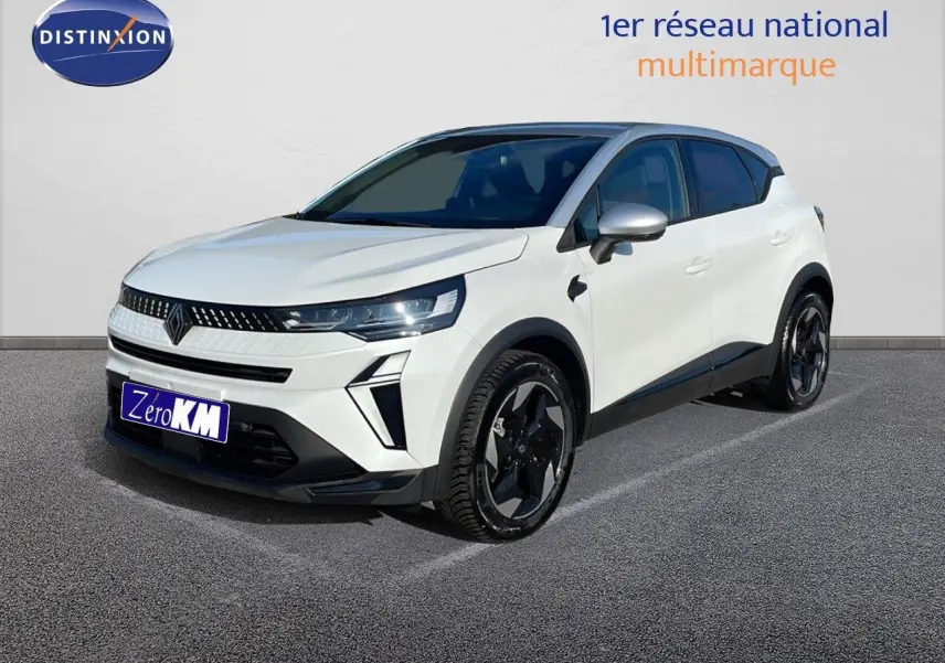 Renault Captur E-Tech hybride blanc nacré avec toit gris, vu en 3/4 avant droit sur fond neutre.