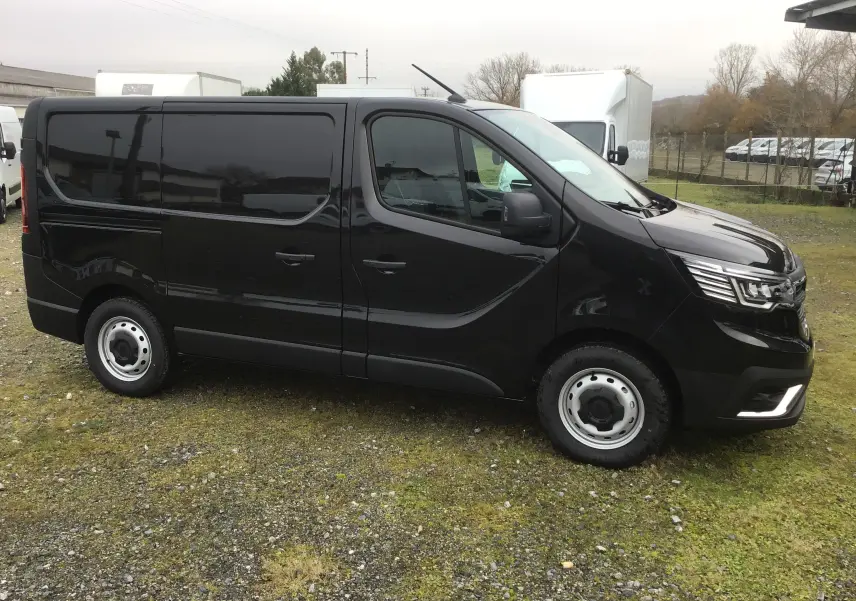 Renault Trafic Fourgon noir en vue de profil côté gauche, avec feux LED et jantes acier simples sur sol herbeux.