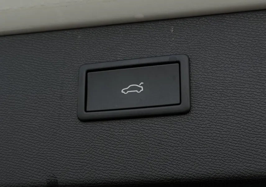 Bouton intérieur noir de commande d'ouverture du hayon du CUPRA Formentor blanc Neige, vue rapprochée sur la texture du panneau.