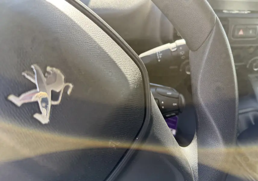 Gros plan sur le volant noir du Peugeot Rifter Diesel 2019, mettant en valeur le logo lion chromé au centre.