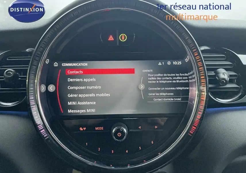 Affichage central rond du tableau de bord MINI Cabriolet F57 2023 avec menu communication et éclairage LED coloré