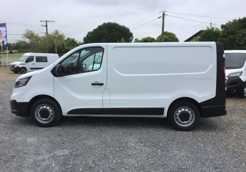 Vue de profil côté gauche d’un Renault Trafic Fourgon blanc 2024 avec protections noires sur bas de caisse et roues acier.